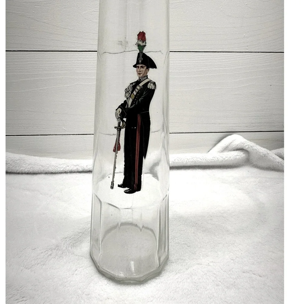 Bolaro Glass Decanter Italy Clear Tall Soldier Graphic FacetedBase Excellent Vtg